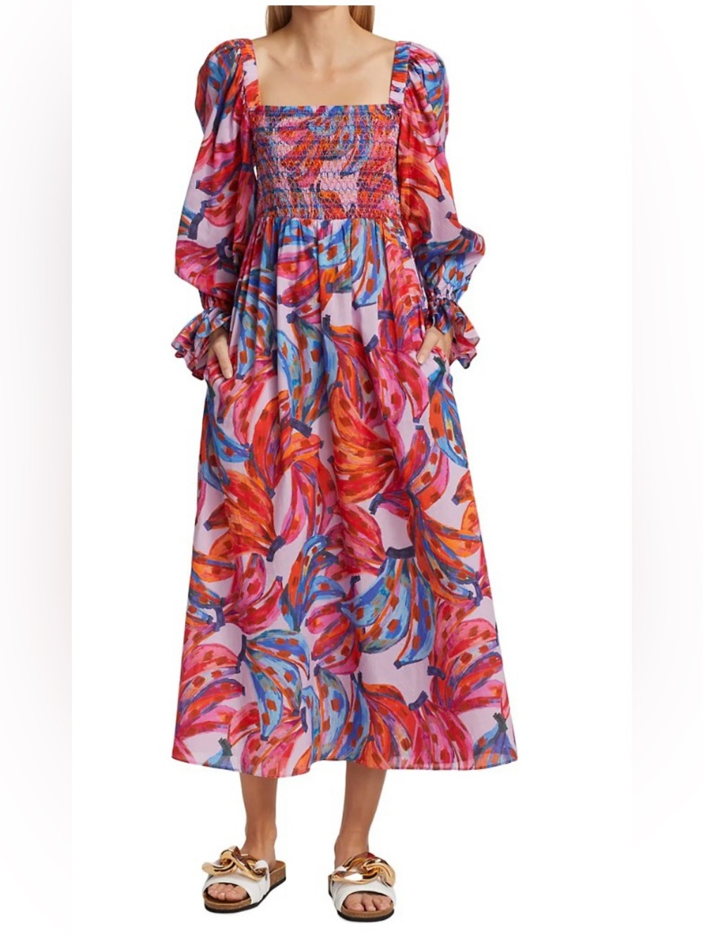 FARM Rio Pink & Multi Smocked Square-Neck Long Sleeve Midi Dress
